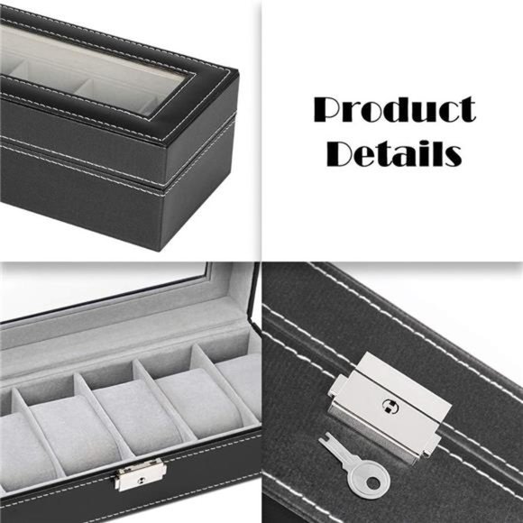 6 Slots Watch Box Organizer for Men, Black Watch Stand Display Storage Case - Picture 4 of 7